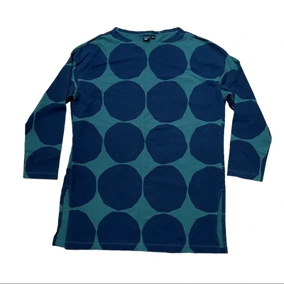 Marimekko x Uniqlo Women's Long Sleeve Tunic sz XS Green With Big Navy Dots EUC - Picture 2 of 12